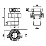 Desenho técnico cotado: união direita M/F de assento cónico em latão (ref. 222)
