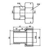 Desenho técnico cotado: meia união para contador em latão, rosca G (ref. 2308)