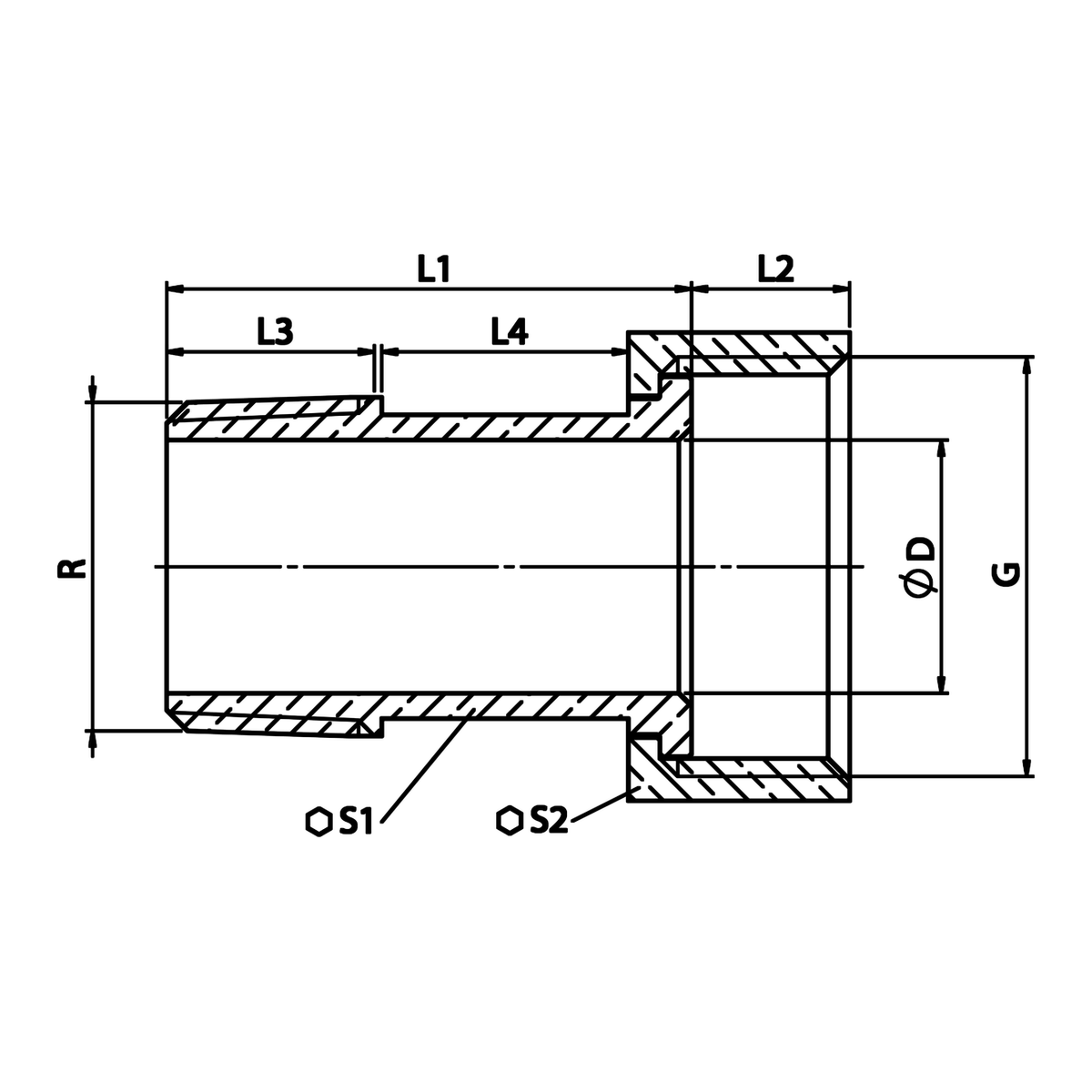 Desenho técnico cotado: meia união para contador em latão, rosca cónica R (ref. 2309)