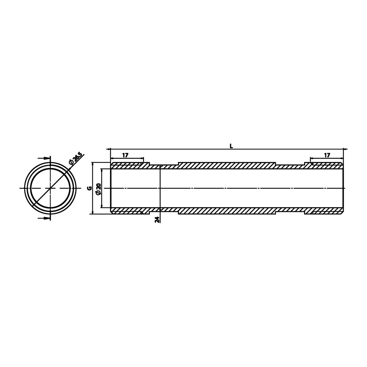 Desenho técnico cotado: tubo de espera M/M para contador de água em latão (ref. 2311)