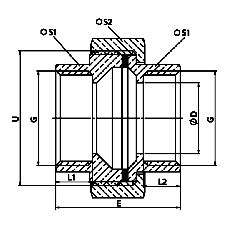 Desenho técnico cotado: união de assento plano F/F com junta EPDM em latão (ref. 2330)