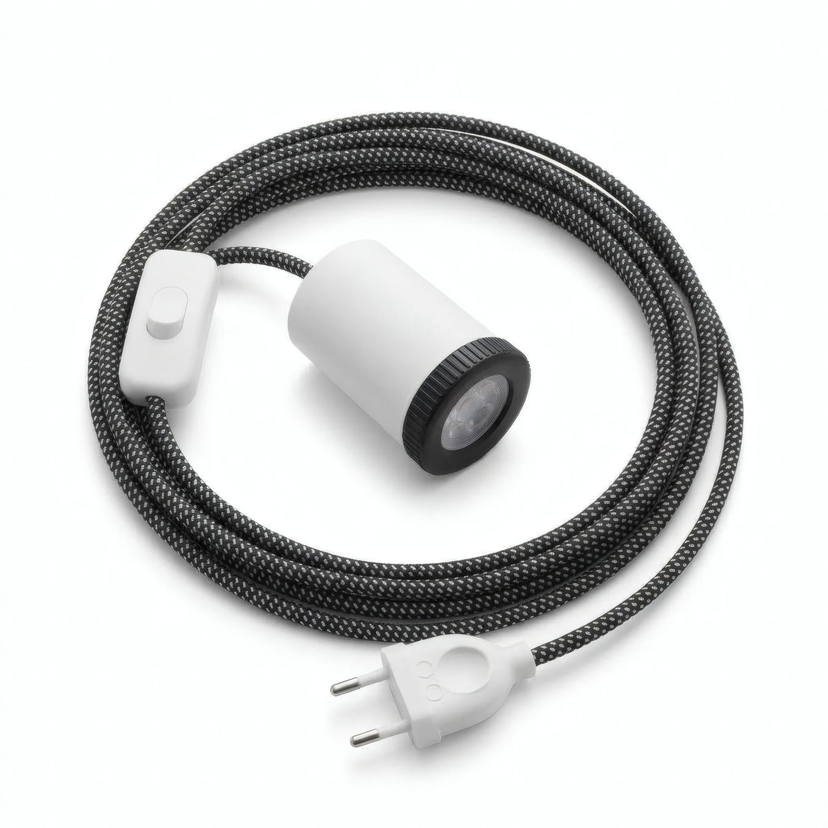 Mini foco GU10 com ficha, acabamento branco mate