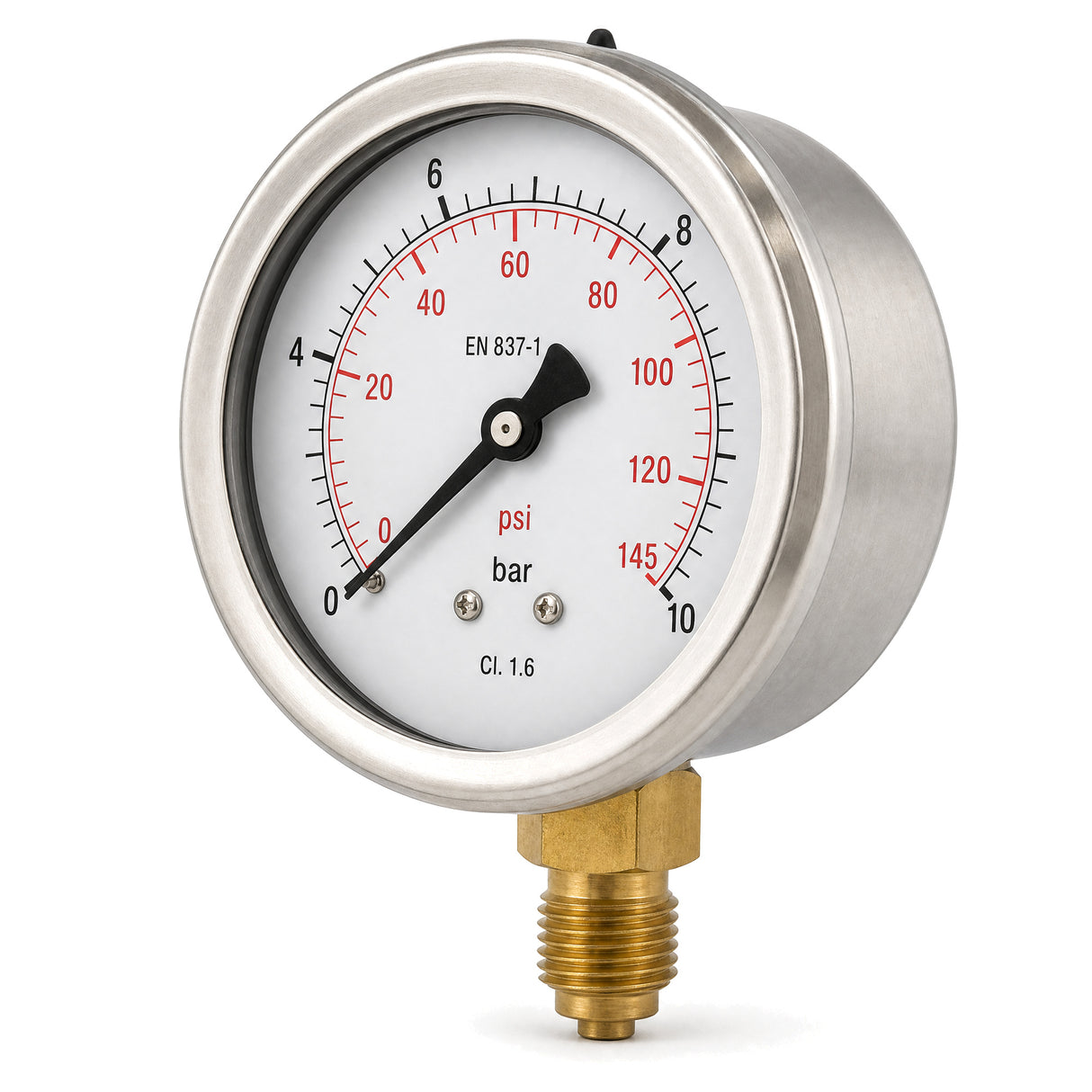 Manomètre radial inox 304 à bain de silicone, cadran bar psi, raccord laiton bas