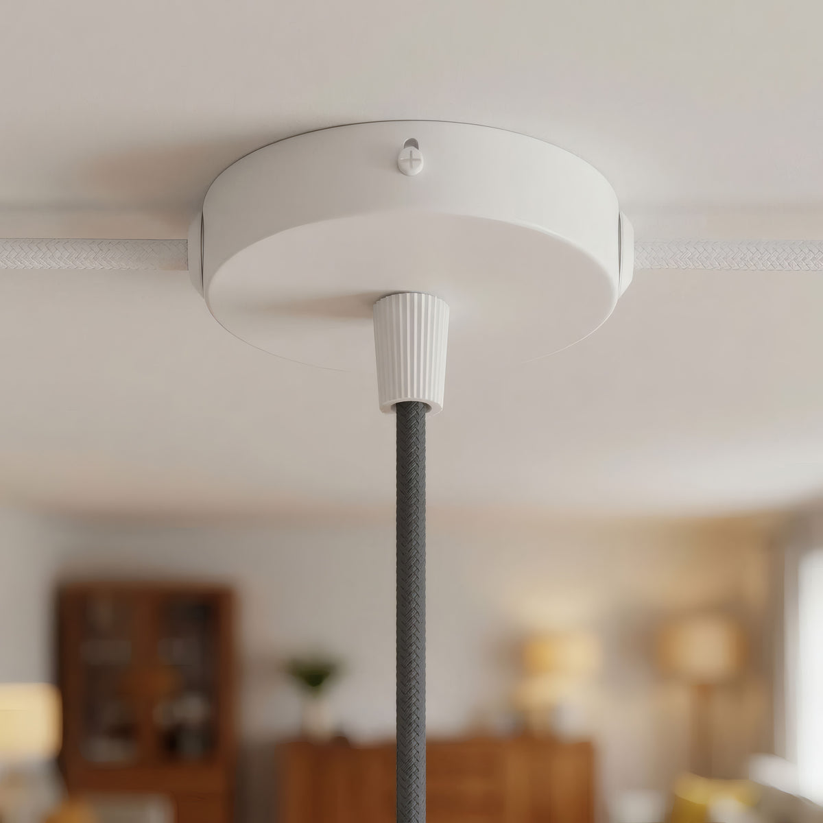 Mini florão cilíndrico em metal, Ø 83 mm — 1 furo central e 2 laterais / Cónico em termoplástico / Branco mate