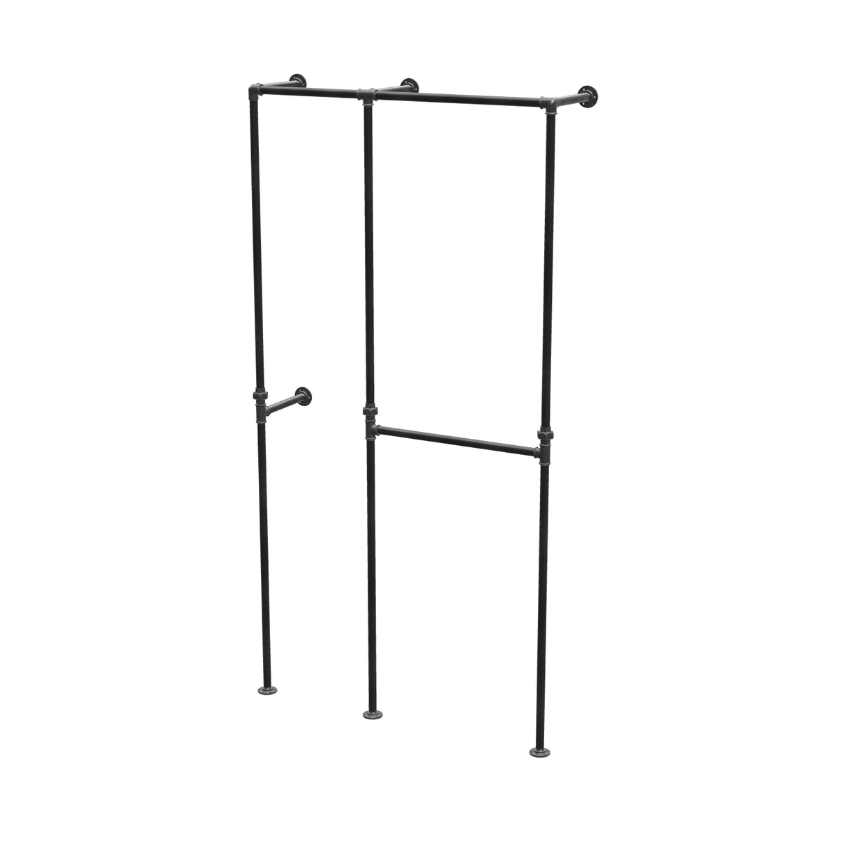 Penderie ouverte à deux baies en tuyaux de plomberie noirs Ø 27 mm — baies de 40 + 60 cm, vue de trois quarts sur fond blanc