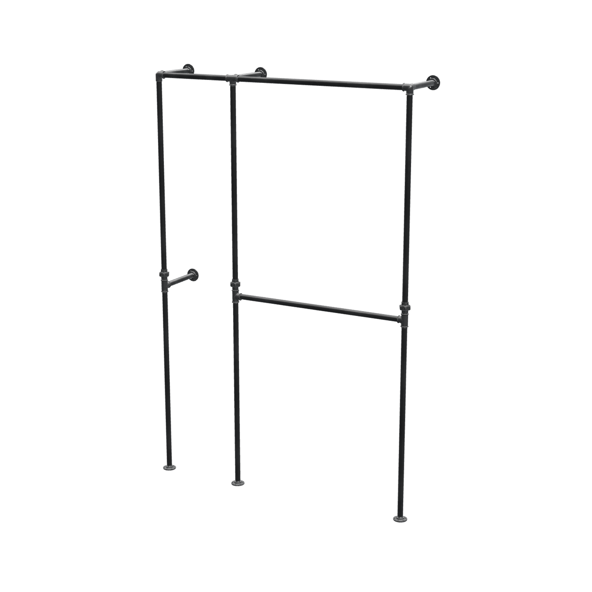 Penderie ouverte à deux baies en tuyaux de plomberie noirs Ø 27 mm — baies de 40 + 90 cm, vue de trois quarts sur fond blanc