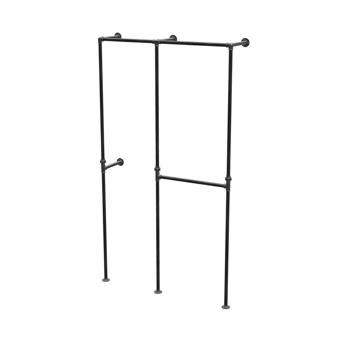 Penderie ouverte à deux baies en tuyaux de plomberie noirs Ø 27 mm — baies de 50 + 60 cm, vue de trois quarts sur fond blanc