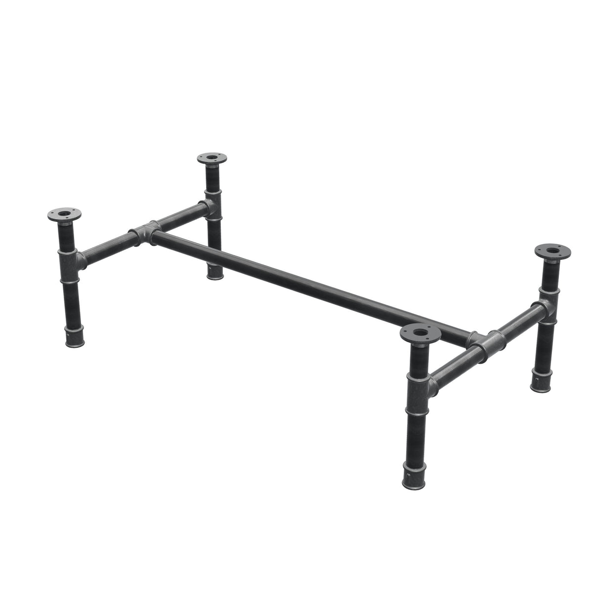 Base de mesa de centro, estrutura em H, ferro fundido e aço Ø 34 mm, 102 × 56 cm, altura 32 cm