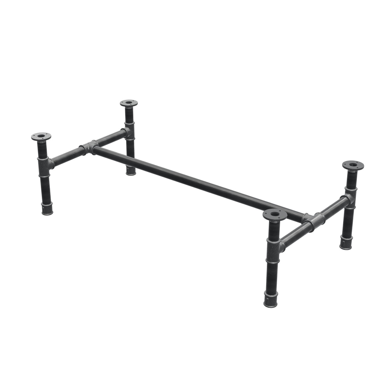Base de mesa de centro, estrutura em H, ferro fundido e aço Ø 34 mm, 112 × 56 cm, altura 32 cm