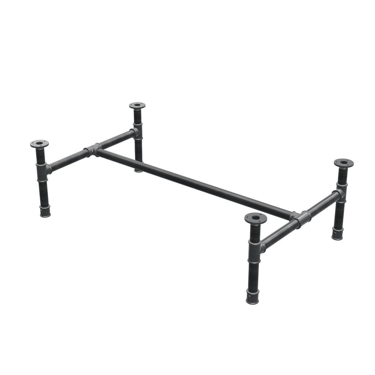 Base de mesa de centro, estrutura em H, ferro fundido e aço Ø 34 mm, 112 × 66 cm, altura 32 cm