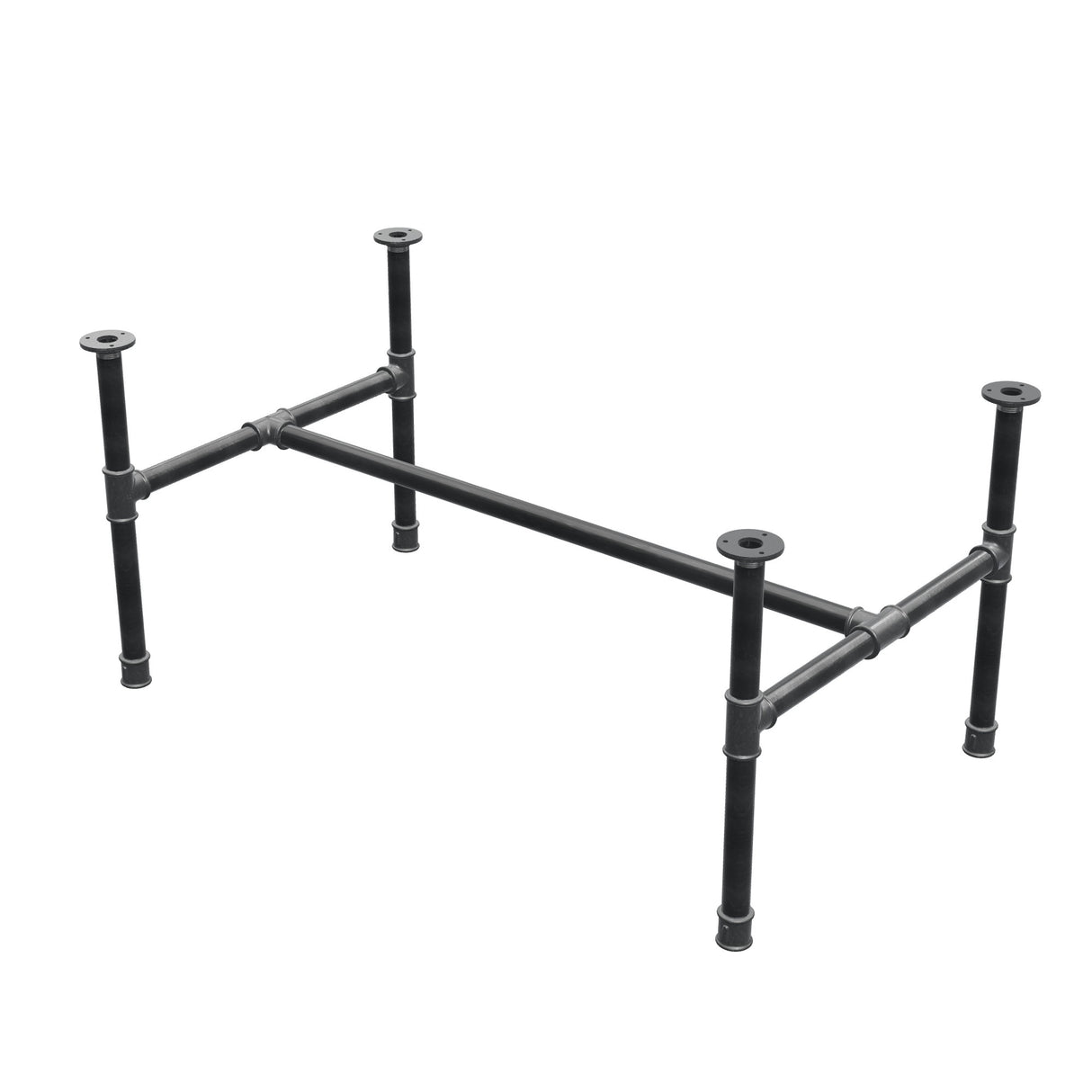 Base de mesa de centro, estrutura em H, ferro fundido e aço Ø 34 mm, 112 × 66 cm, altura 52 cm