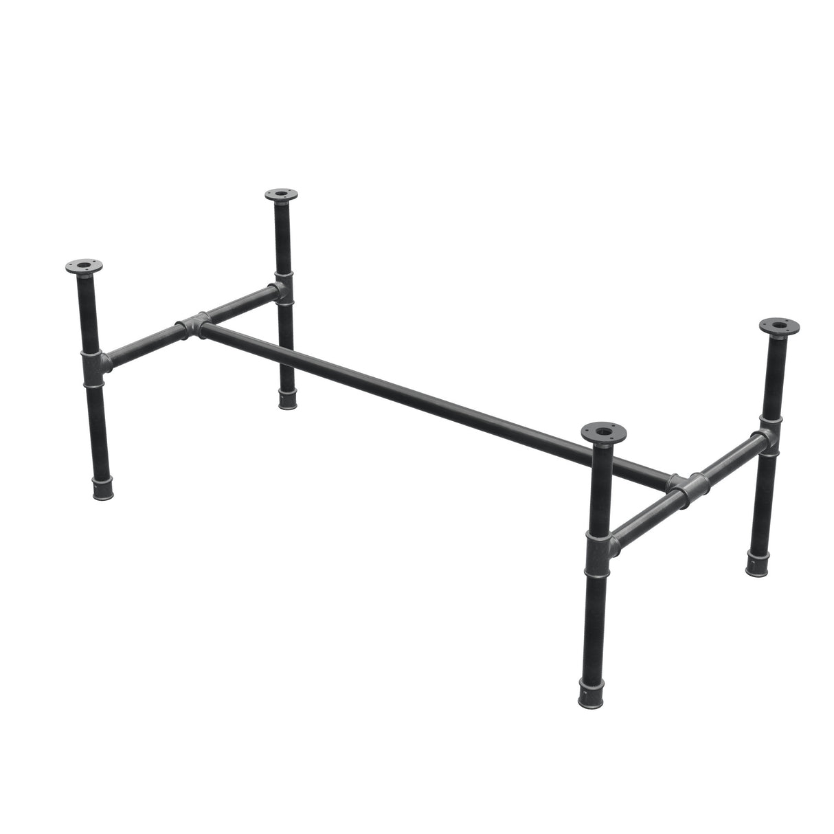Base de mesa de centro, estrutura em H, ferro fundido e aço Ø 34 mm, 132 × 66 cm, altura 52 cm