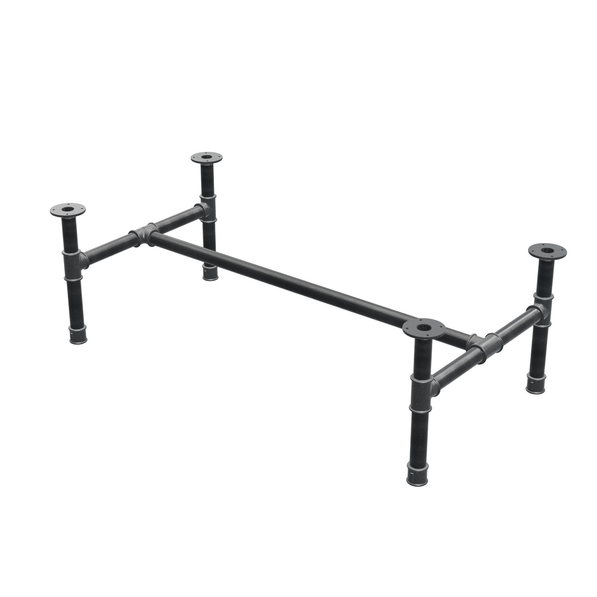 Base de mesa de centro, estrutura em H, ferro fundido e aço Ø 42 mm, 136 × 71 cm, altura 44 cm