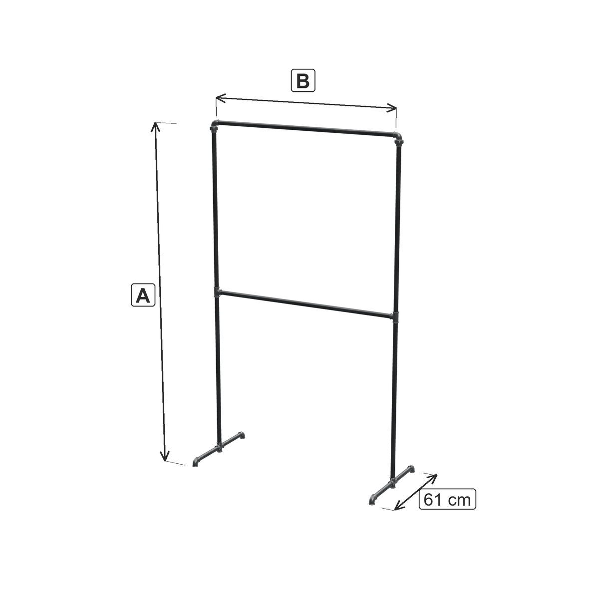 Portant autoportant double niveau : hauteur et largeur selon la variante, profondeur fixe 61 cm