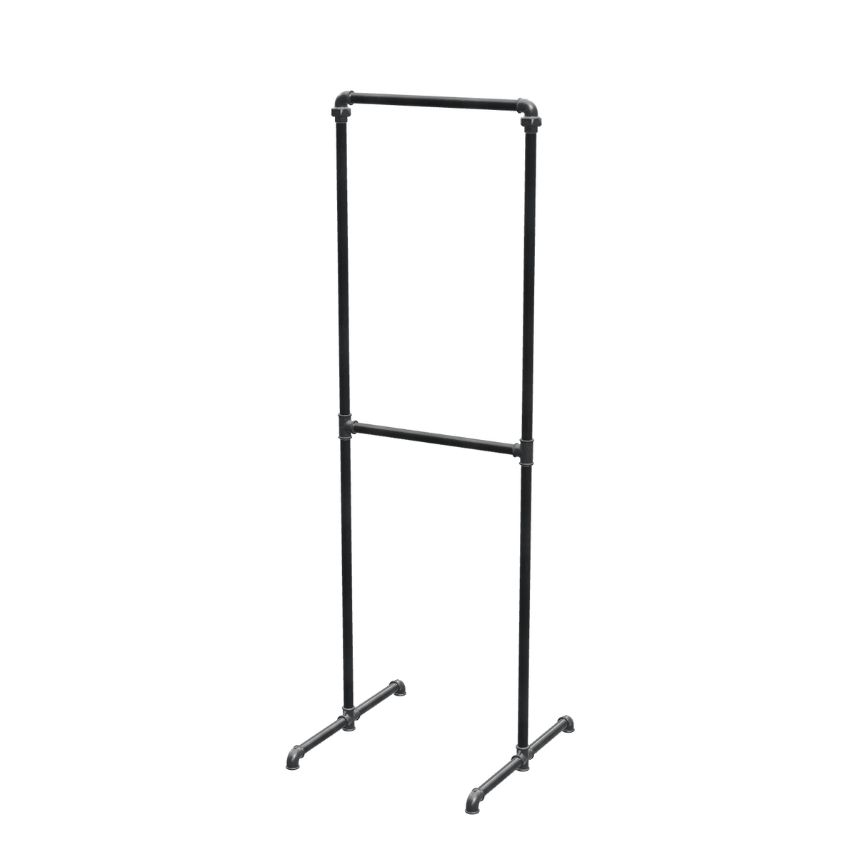 Portant à vêtements autoportant double niveau en tuyaux de plomberie noirs Ø 27 mm — largeur 50 cm, hauteur 176 cm, vue de trois quarts sur fond blanc