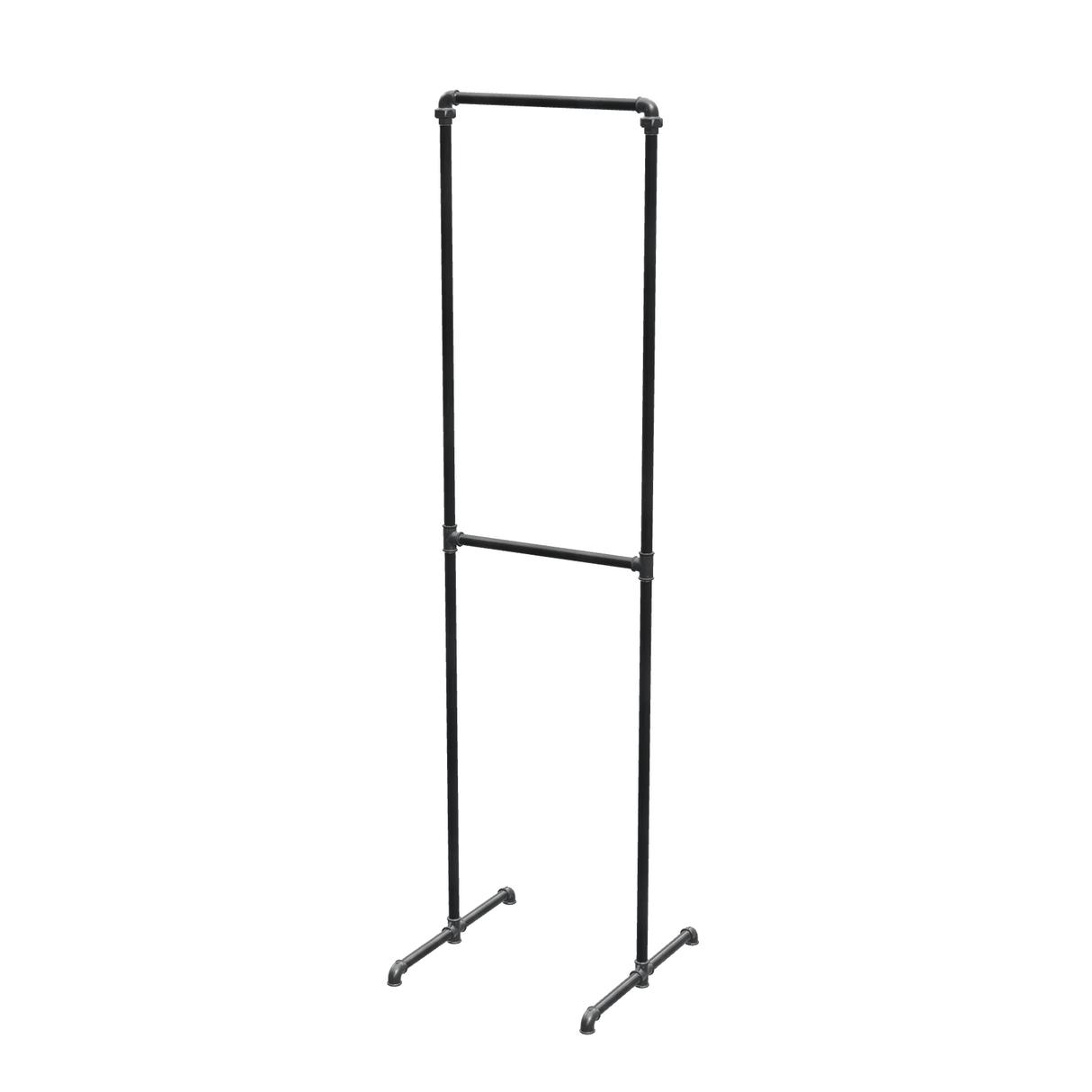 Portant à vêtements autoportant double niveau en tuyaux de plomberie noirs Ø 27 mm — largeur 50 cm, hauteur 216 cm, vue de trois quarts sur fond blanc