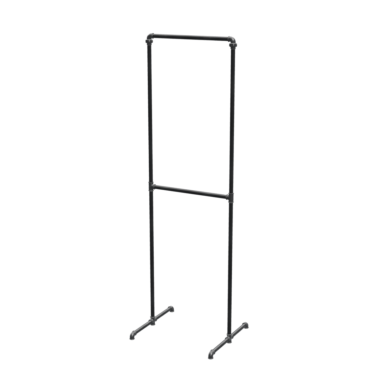 Portant à vêtements autoportant double niveau en tuyaux de plomberie noirs Ø 27 mm — largeur 60 cm, hauteur 216 cm, vue de trois quarts sur fond blanc
