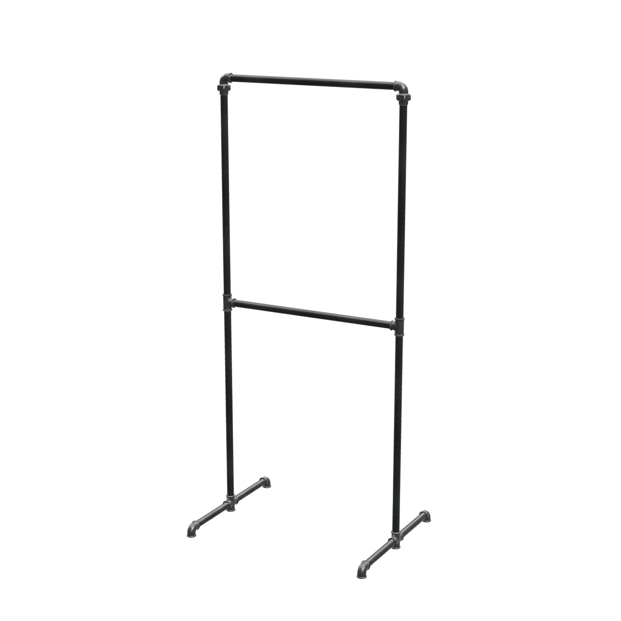 Portant à vêtements autoportant double niveau en tuyaux de plomberie noirs Ø 27 mm — largeur 70 cm, hauteur 176 cm, vue de trois quarts sur fond blanc