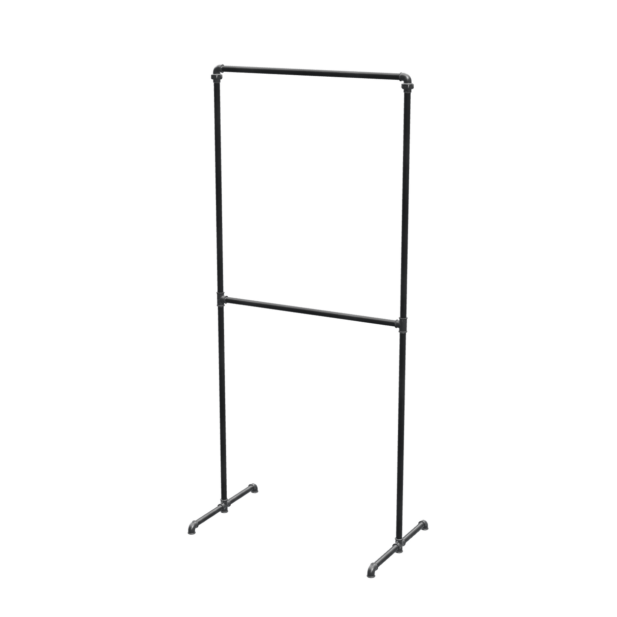 Portant à vêtements autoportant double niveau en tuyaux de plomberie noirs Ø 27 mm — largeur 90 cm, hauteur 216 cm, vue de trois quarts sur fond blanc