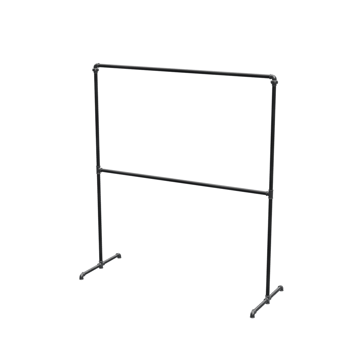 Portant à vêtements autoportant double niveau en tuyaux de plomberie noirs Ø 27 mm — largeur 150 cm, hauteur 176 cm, vue de trois quarts sur fond blanc