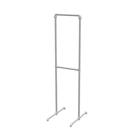 Portant à vêtements autoportant double niveau en tuyaux de plomberie galvanisés Ø 27 mm — largeur 48 cm, hauteur 176 cm, vue de trois quarts sur fond blanc