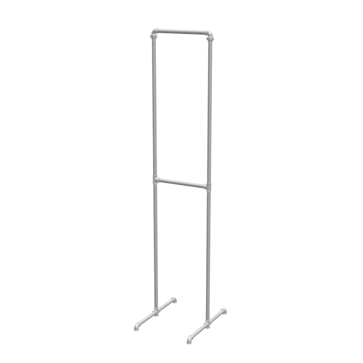 Portant à vêtements autoportant double niveau en tuyaux de plomberie galvanisés Ø 27 mm — largeur 48 cm, hauteur 216 cm, vue de trois quarts sur fond blanc