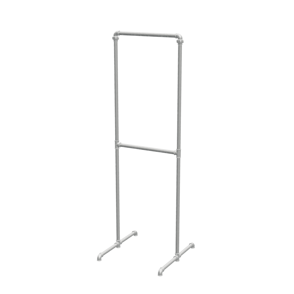Portant à vêtements autoportant double niveau en tuyaux de plomberie galvanisés Ø 27 mm — largeur 58 cm, hauteur 176 cm, vue de trois quarts sur fond blanc