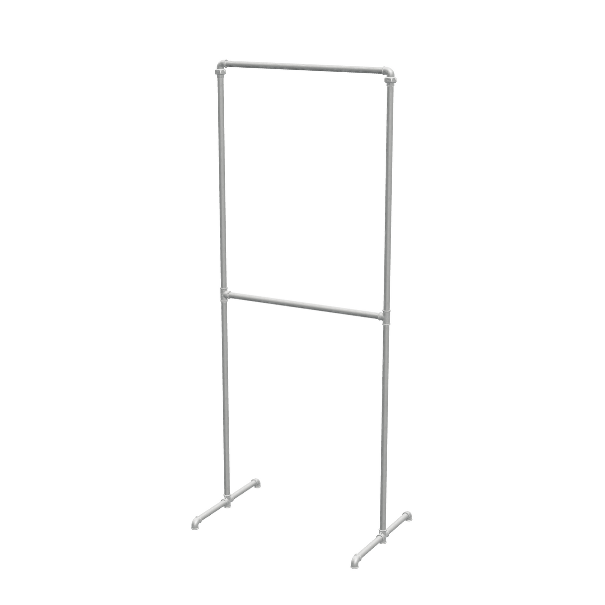 Portant à vêtements autoportant double niveau en tuyaux de plomberie galvanisés Ø 27 mm — largeur 88 cm, hauteur 216 cm, vue de trois quarts sur fond blanc