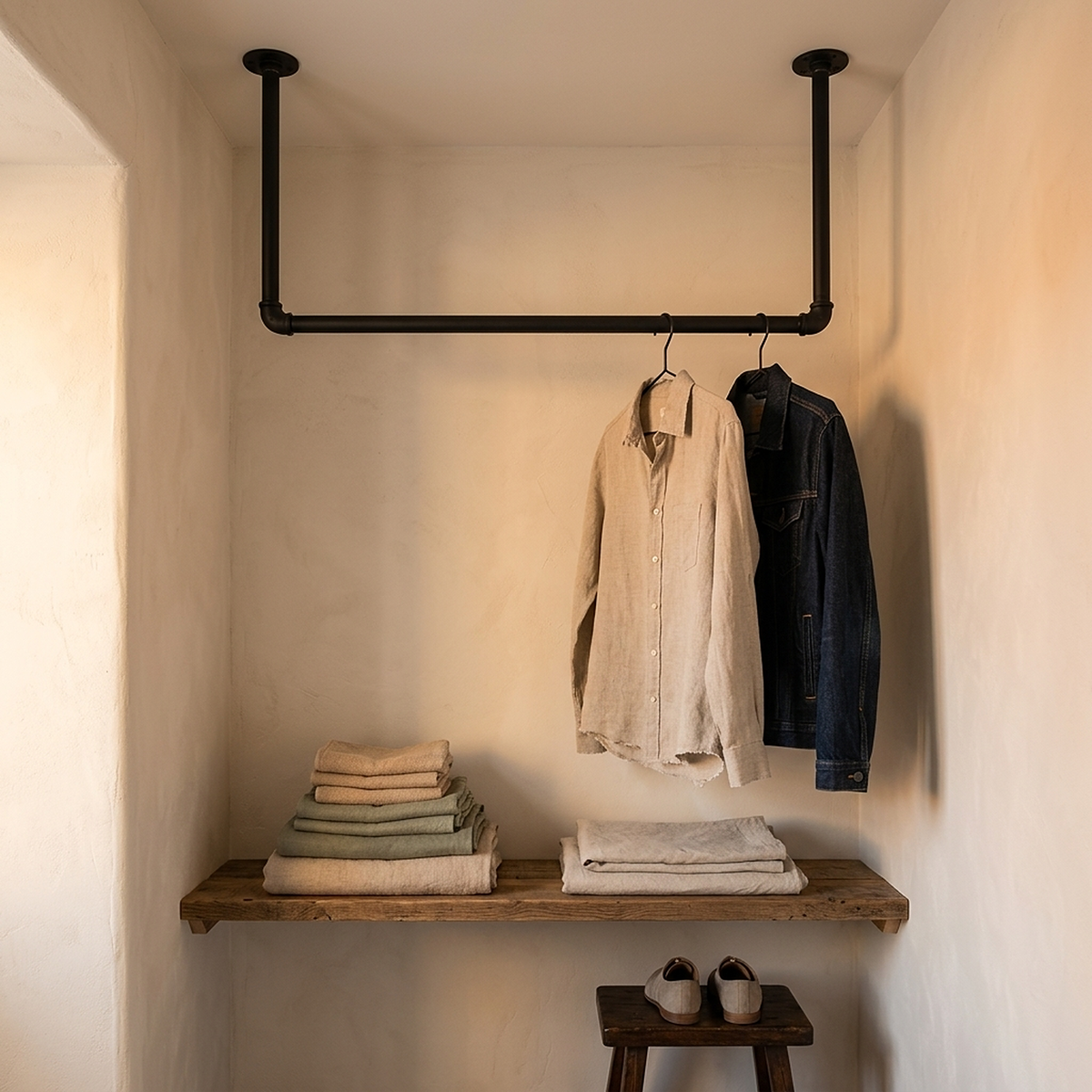 Varão de roupa suspenso do teto em tubo preto num canto vestidor, sobre uma prateleira de madeira