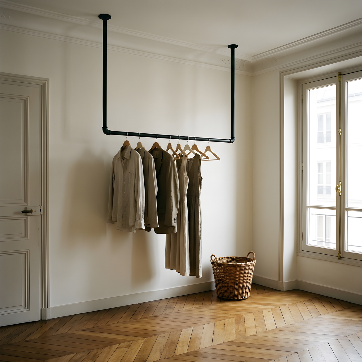 Varão de roupa suspenso do teto em tubo preto numa entrada, um casaco e um cachecol pendurados