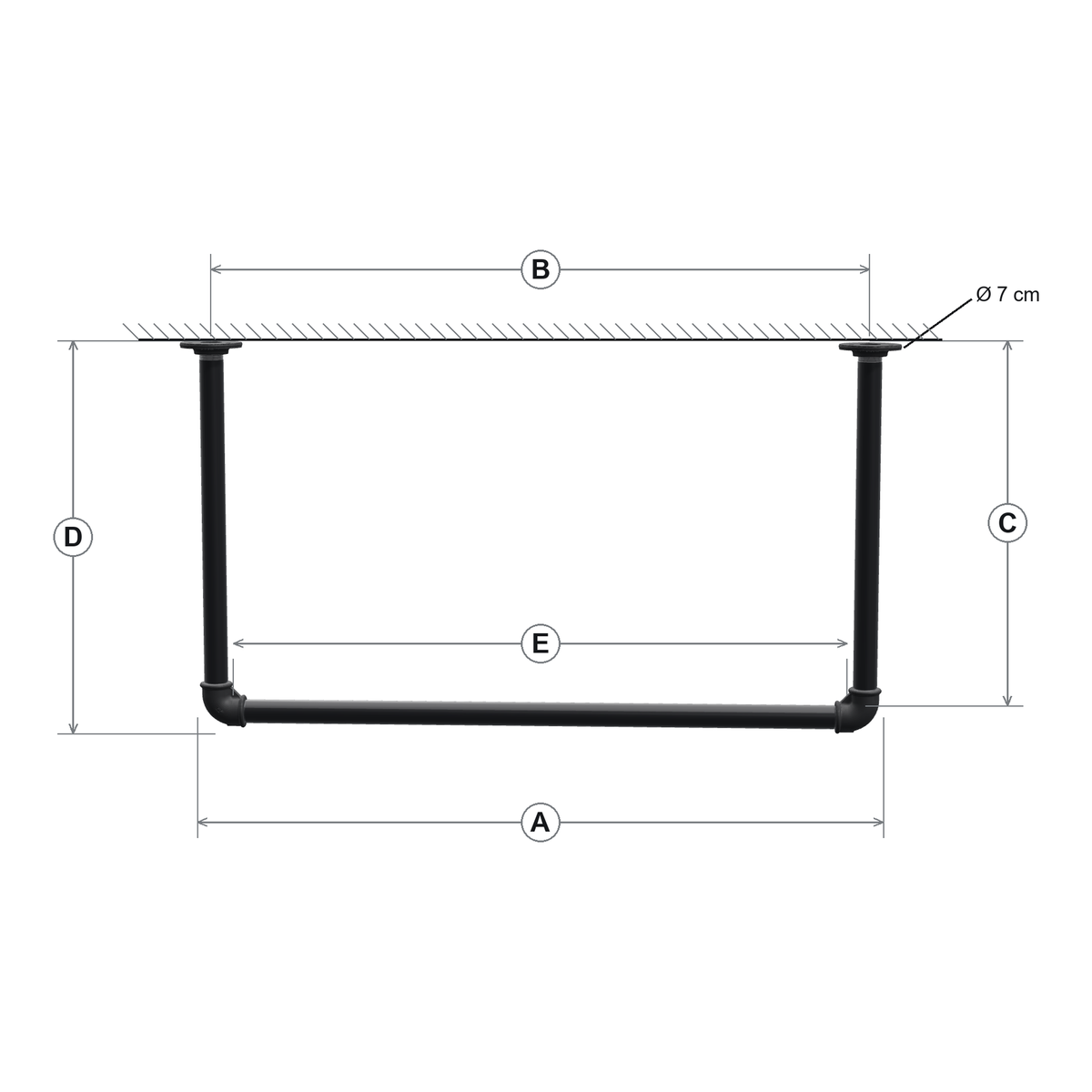 Esquema cotado do varão de teto: largura total A, entre-eixos das flanges B, eixo do varão C, altura sob o teto D, varão livre E, flanges Ø 7 cm