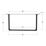 Esquema cotado do varão de teto: largura total A, entre-eixos das flanges B, eixo do varão C, altura sob o teto D, varão livre E, flanges Ø 7 cm