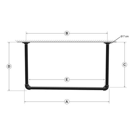 Esquema cotado do varão de teto: largura total A, entre-eixos das flanges B, eixo do varão C, altura sob o teto D, varão livre E, flanges Ø 7 cm