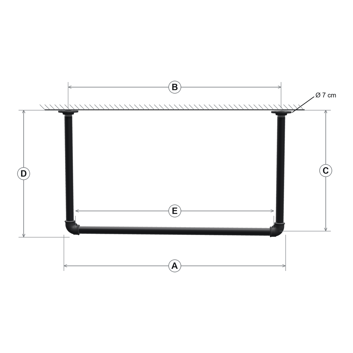 Esquema cotado do varão de teto: largura total A, entre-eixos das flanges B, eixo do varão C, altura sob o teto D, varão livre E, flanges Ø 7 cm