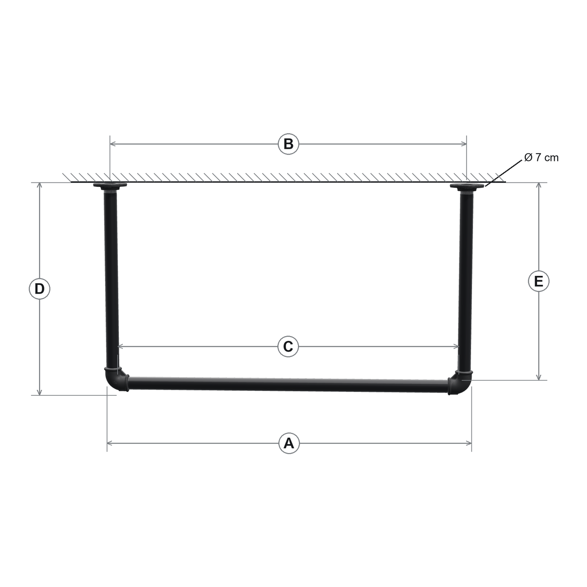 Esquema cotado do varão de teto: largura total A, entre-eixos das flanges B, varão livre C, altura sob o teto D, eixo do varão E, flanges Ø 7 cm