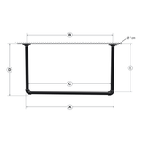 Esquema cotado do varão de teto: largura total A, entre-eixos das flanges B, varão livre C, altura sob o teto D, eixo do varão E, flanges Ø 7 cm