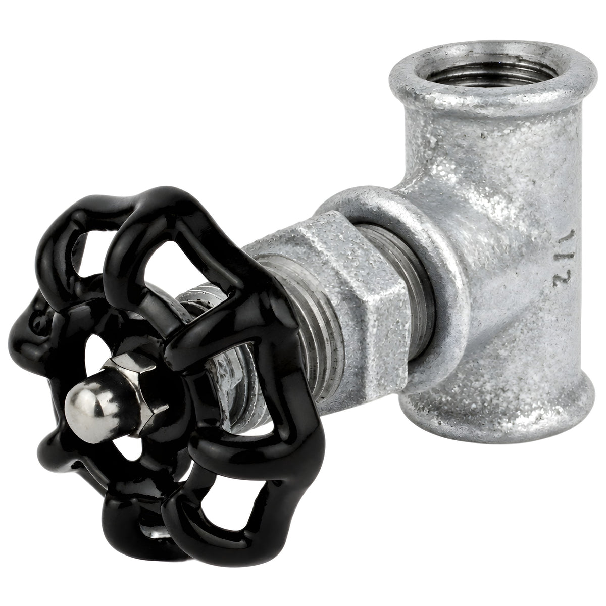 Acessório estilo válvula de 1/2'' com volante preto de 52 mm, porca de aço inoxidável, acessório em ferro fundido galvanizado