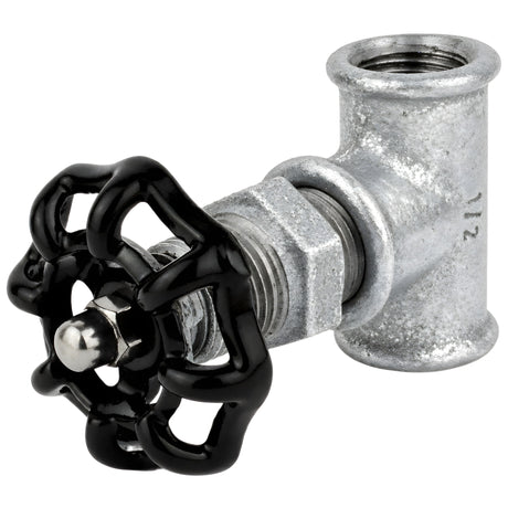 Acessório estilo válvula de 1/2'' com volante preto de 52 mm, porca de aço inoxidável, acessório em ferro fundido galvanizado