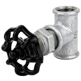 Acessório estilo válvula de 1/2'' com volante preto de 52 mm, porca preta, acessório em ferro fundido galvanizado