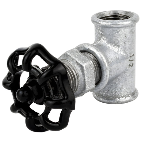 Acessório estilo válvula de 1/2'' com volante preto de 52 mm, porca preta, acessório em ferro fundido galvanizado