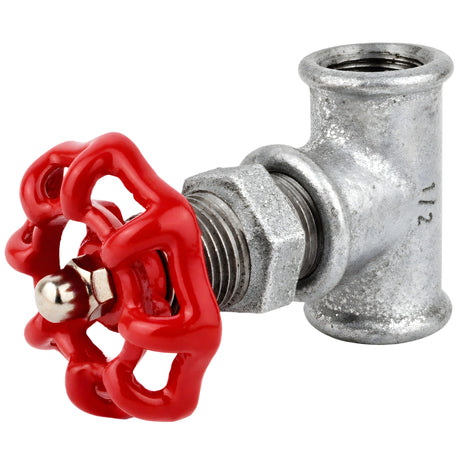 Acessório estilo válvula de 1/2'' com volante vermelho de 52 mm, porca de aço inoxidável, acessório em ferro fundido galvanizado