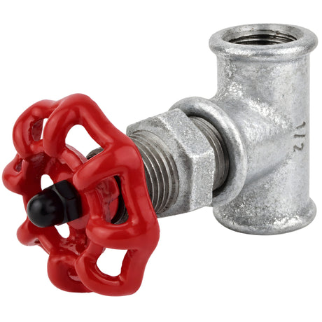 Acessório estilo válvula de 1/2'' com volante vermelho de 52 mm, porca preta, acessório em ferro fundido galvanizado
