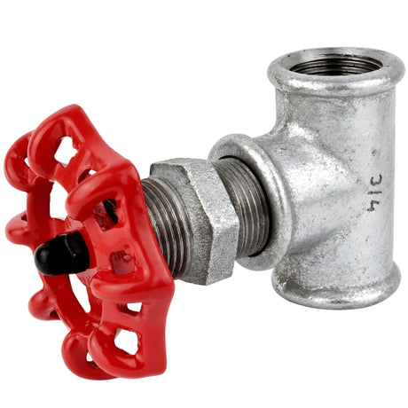 Acessório estilo válvula de 3/4'' com volante vermelho de 72 mm, porca preta, acessório em ferro fundido galvanizado