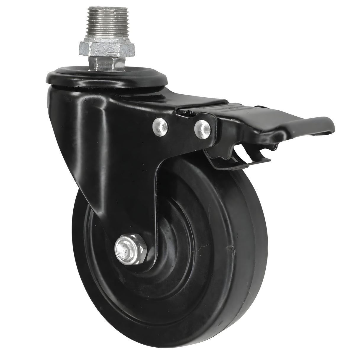 Rodízio industrial preto com travão e roda em borracha de 100 mm, 1/2'' (15x21mm) macho, acessório em ferro fundido galvanizado