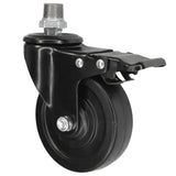 Rodízio industrial preto com travão e roda em borracha de 100 mm, 1/2'' (15x21mm) macho, acessório em ferro fundido galvanizado