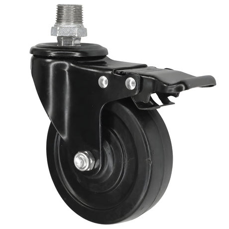 Rodízio industrial preto com travão e roda em borracha de 100 mm, 1/2'' (15x21mm) macho, acessório em ferro fundido galvanizado