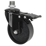Rodízio giratório industrial preto com travão e roda em ferro fundido de 100 mm, 1/2'' (15x21mm) macho, acessório em ferro fundido galvanizado
