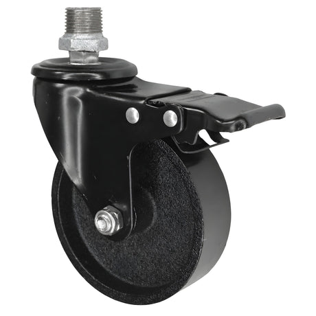 Rodízio industrial preto com travão e roda em ferro fundido de 100 mm, 1/2'' (15x21mm) macho, acessório em ferro fundido galvanizado
