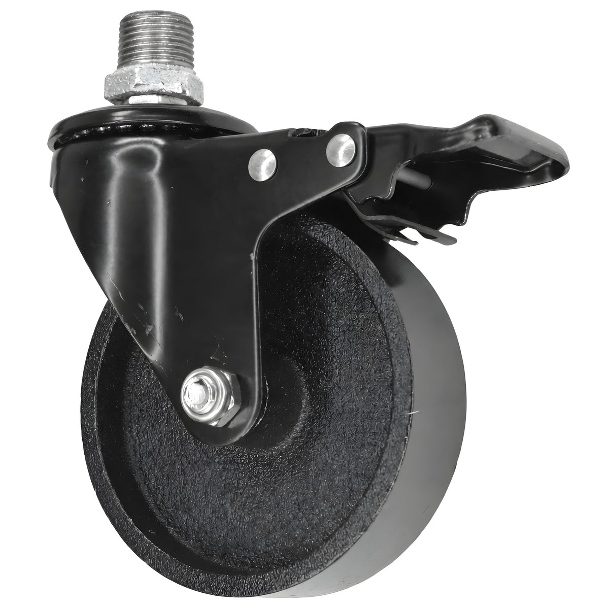 Rodízio giratório industrial preto com travão e roda em ferro fundido de 100 mm, rosca macho, acessório em ferro fundido galvanizado