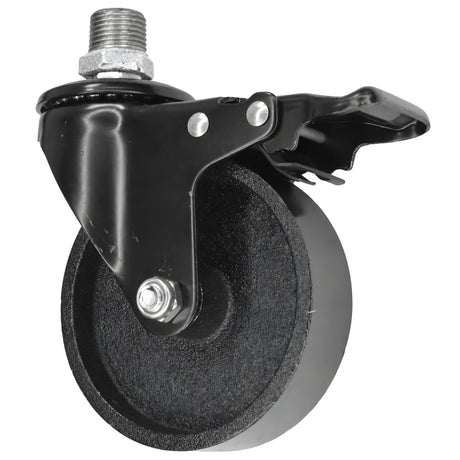 Rodízio industrial preto com travão e roda em ferro fundido de 100 mm, rosca macho, acessório em ferro fundido galvanizado